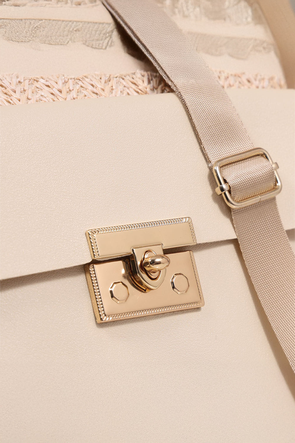 Beige Leather Pocket Patchwork Staw Woven Shoulder Bag
