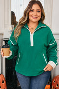 Dark Green Half Zip Contrast Trim Pocketed Plus Size Fleece Sweatshirt