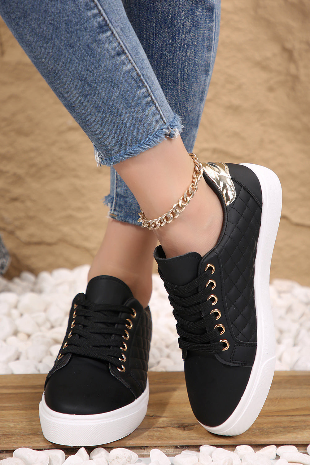 Black Quilted Lack Up Sneakers