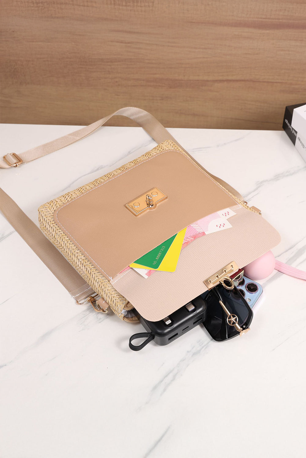 Beige Leather Pocket Patchwork Staw Woven Shoulder Bag