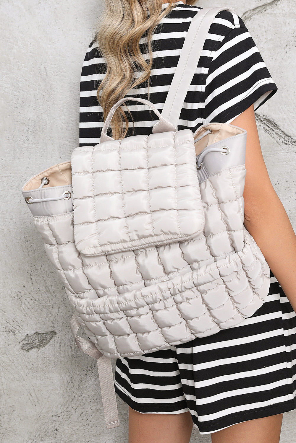 Coffee Solid Flapped Quilted Puffer Backpack