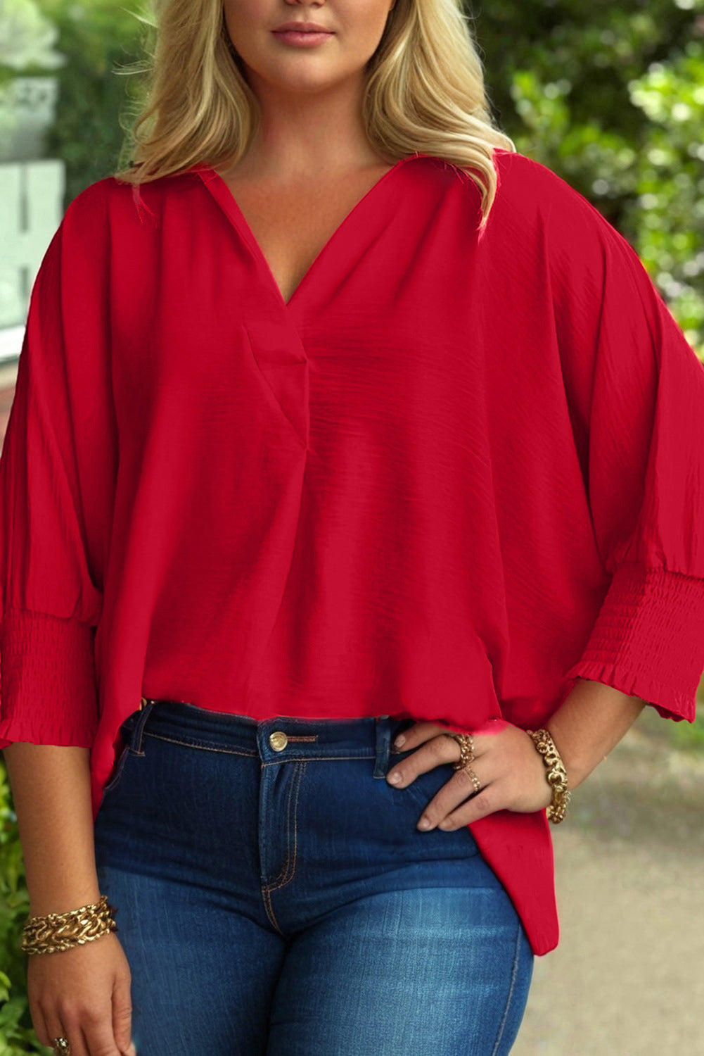 Fiery Red Plus Size Shirred Cuff Dolman Oversized Tunic Blouse