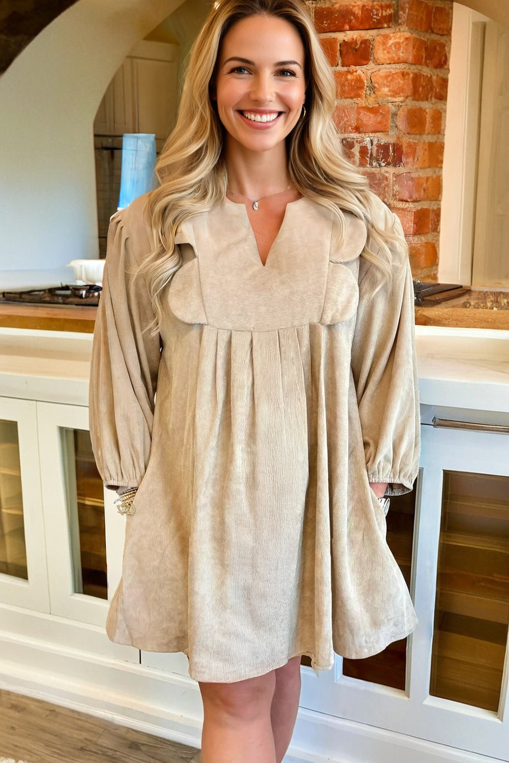 Parchment Notched Neck Scallop Detail Plus Size Mini Dress