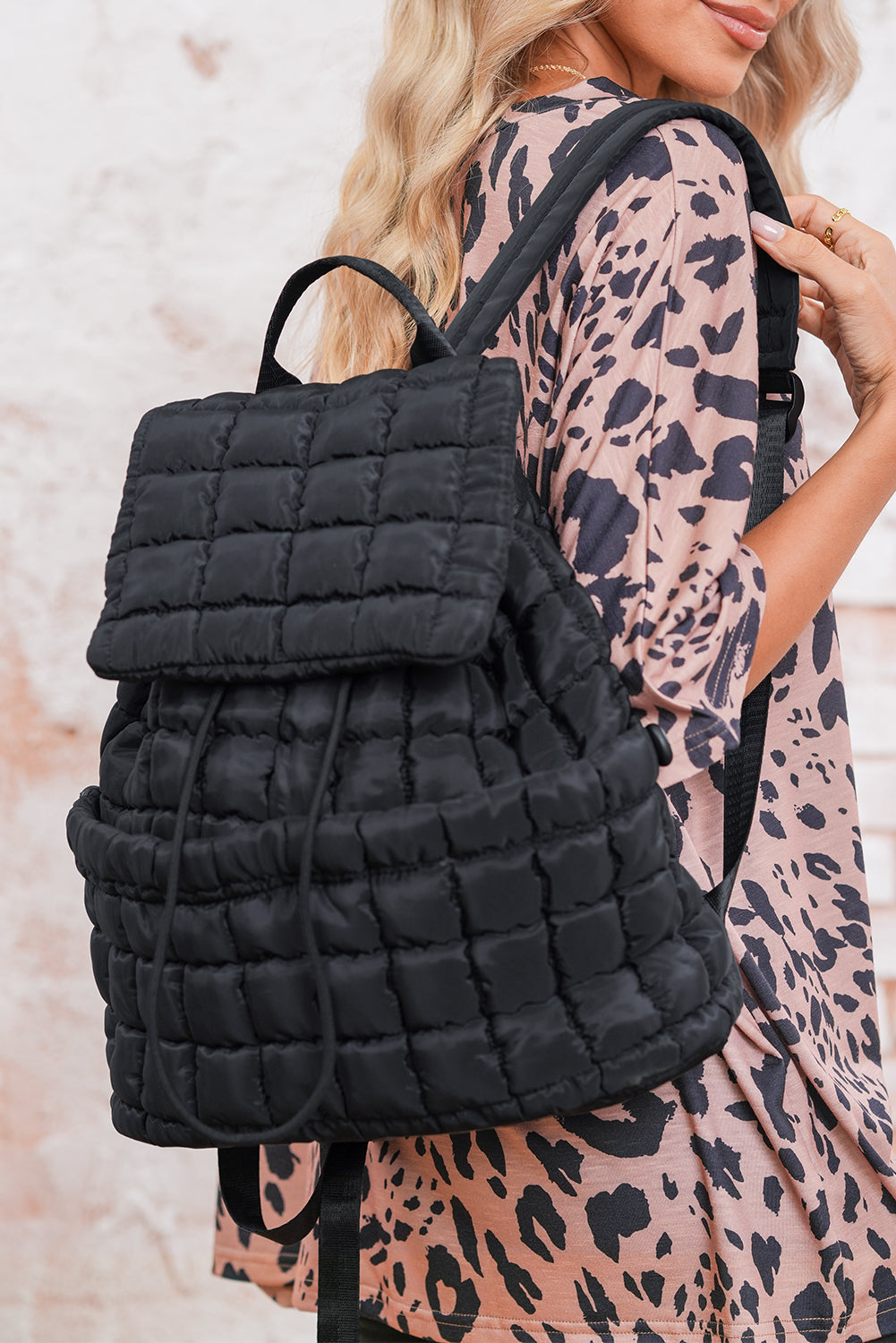 Coffee Solid Flapped Quilted Puffer Backpack