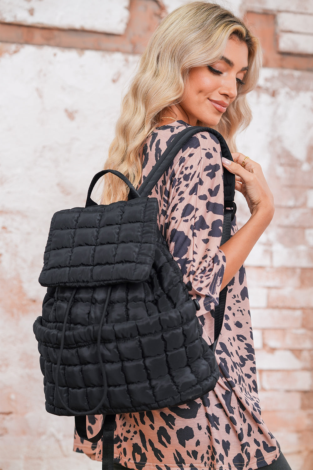 Coffee Solid Flapped Quilted Puffer Backpack