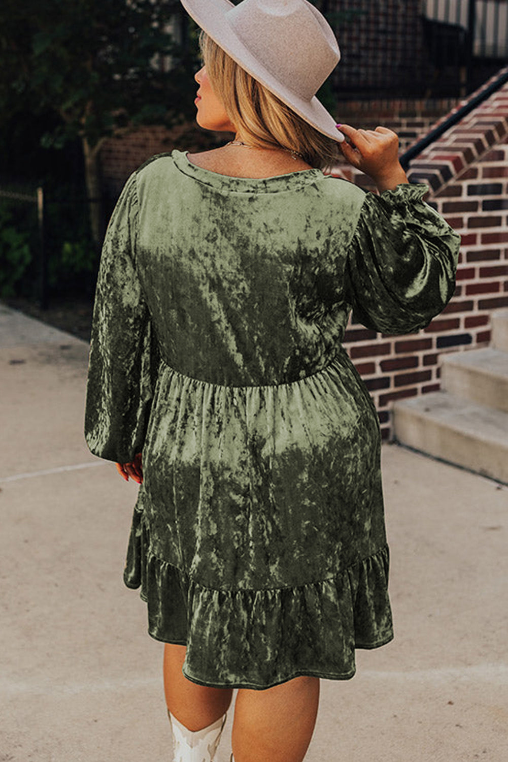 Jungle Green Plus Size Velvet Babydoll Mini Dress