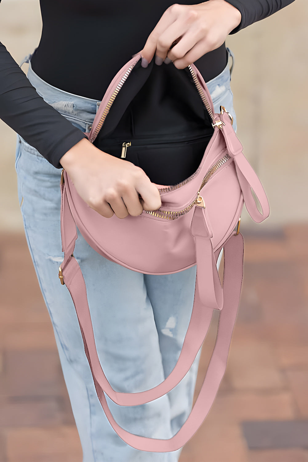 Wisteria Wide Strap Double Zipper Crossbody Bag
