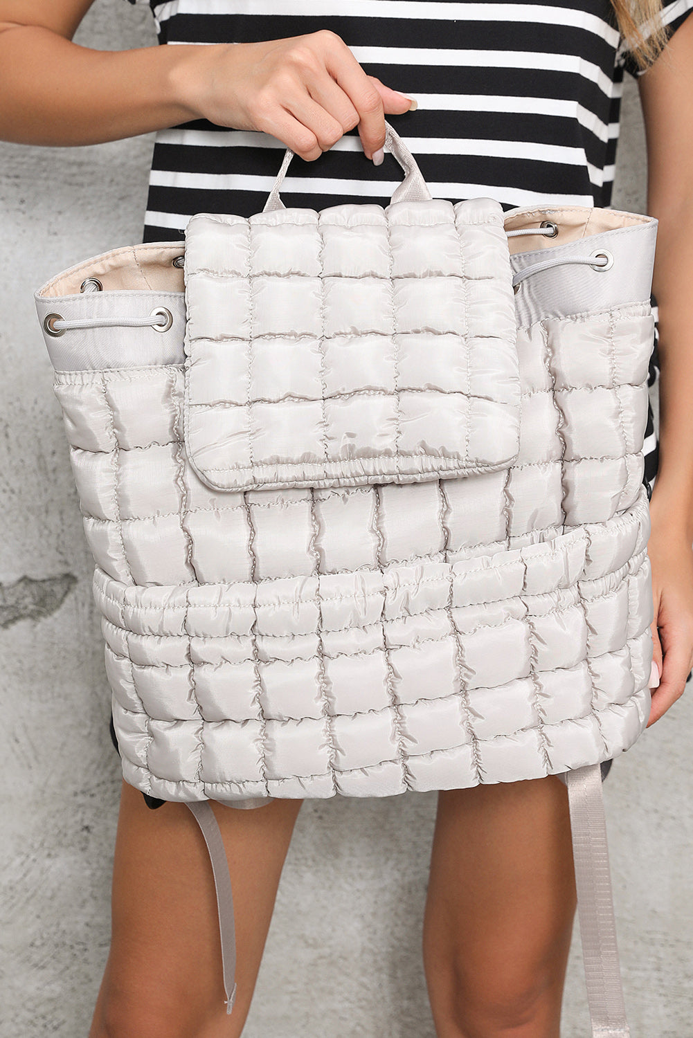 Coffee Solid Flapped Quilted Puffer Backpack