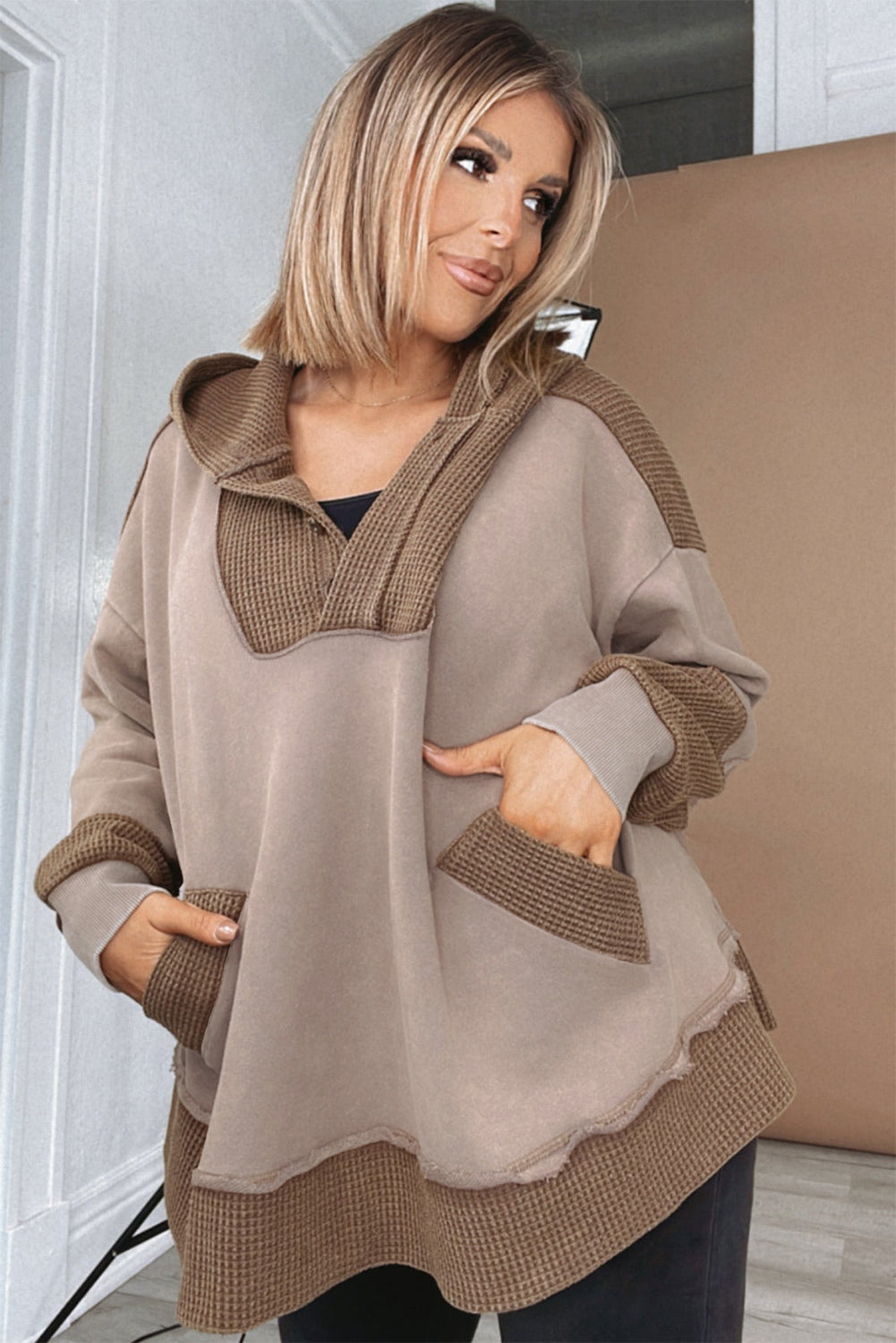 Goat Waffle Patchwork Plus Size Pocketed Hoodie