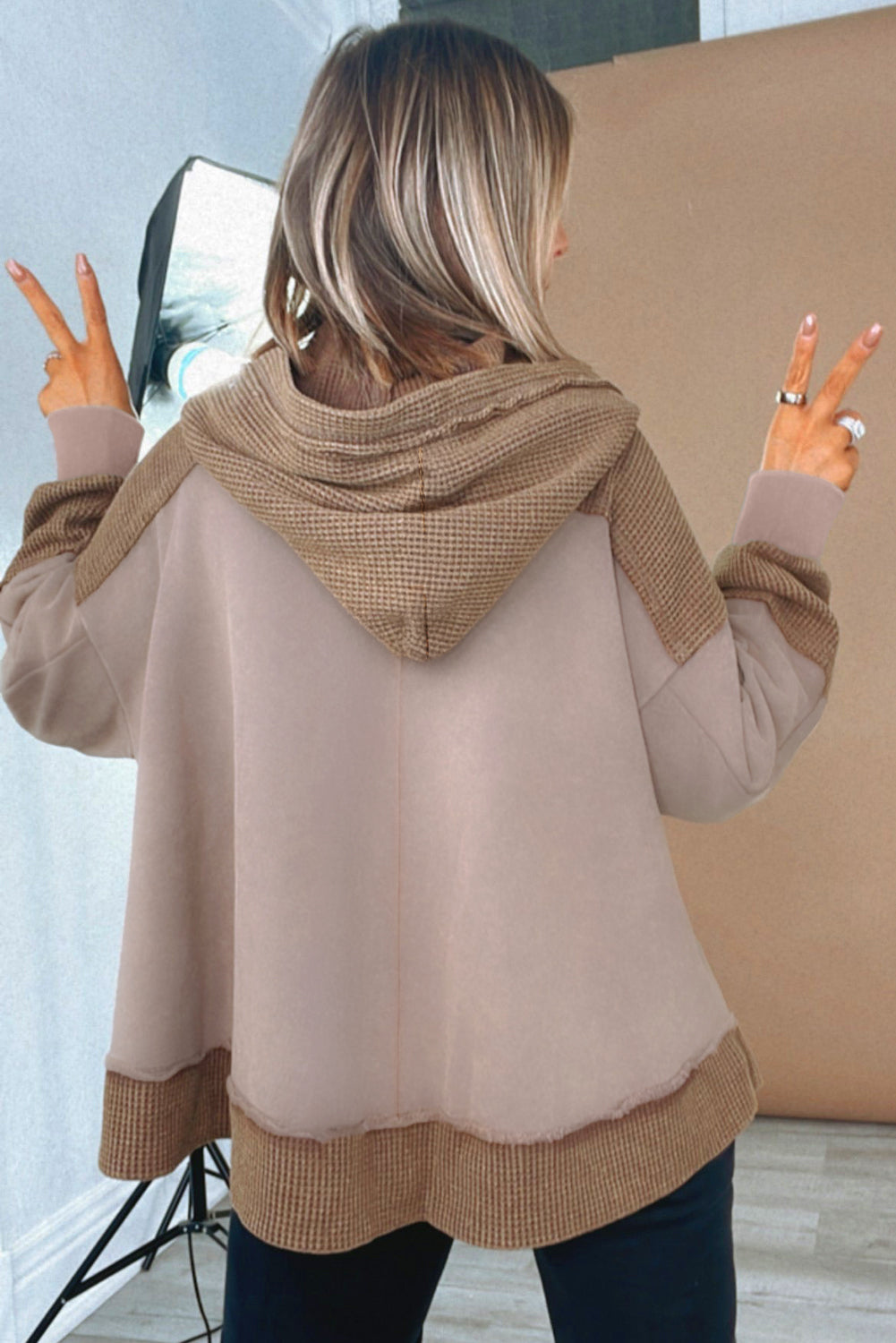 Goat Waffle Patchwork Plus Size Pocketed Hoodie