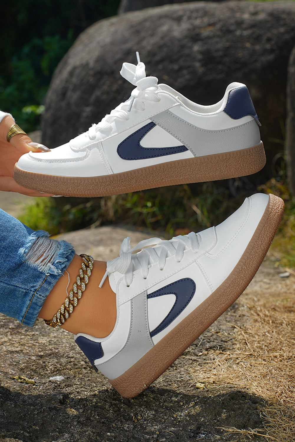 Navy Blue PU Leather Lace Up Sneakers
