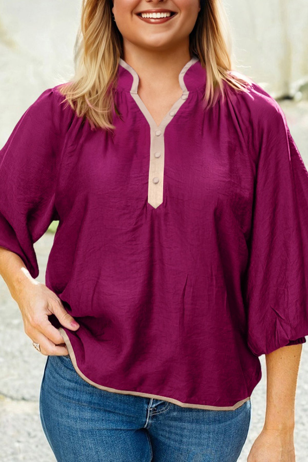 Wild Ginger Plus Size Contrast Trim Button V Neck Puffy Bracelet Sleeve Blouse