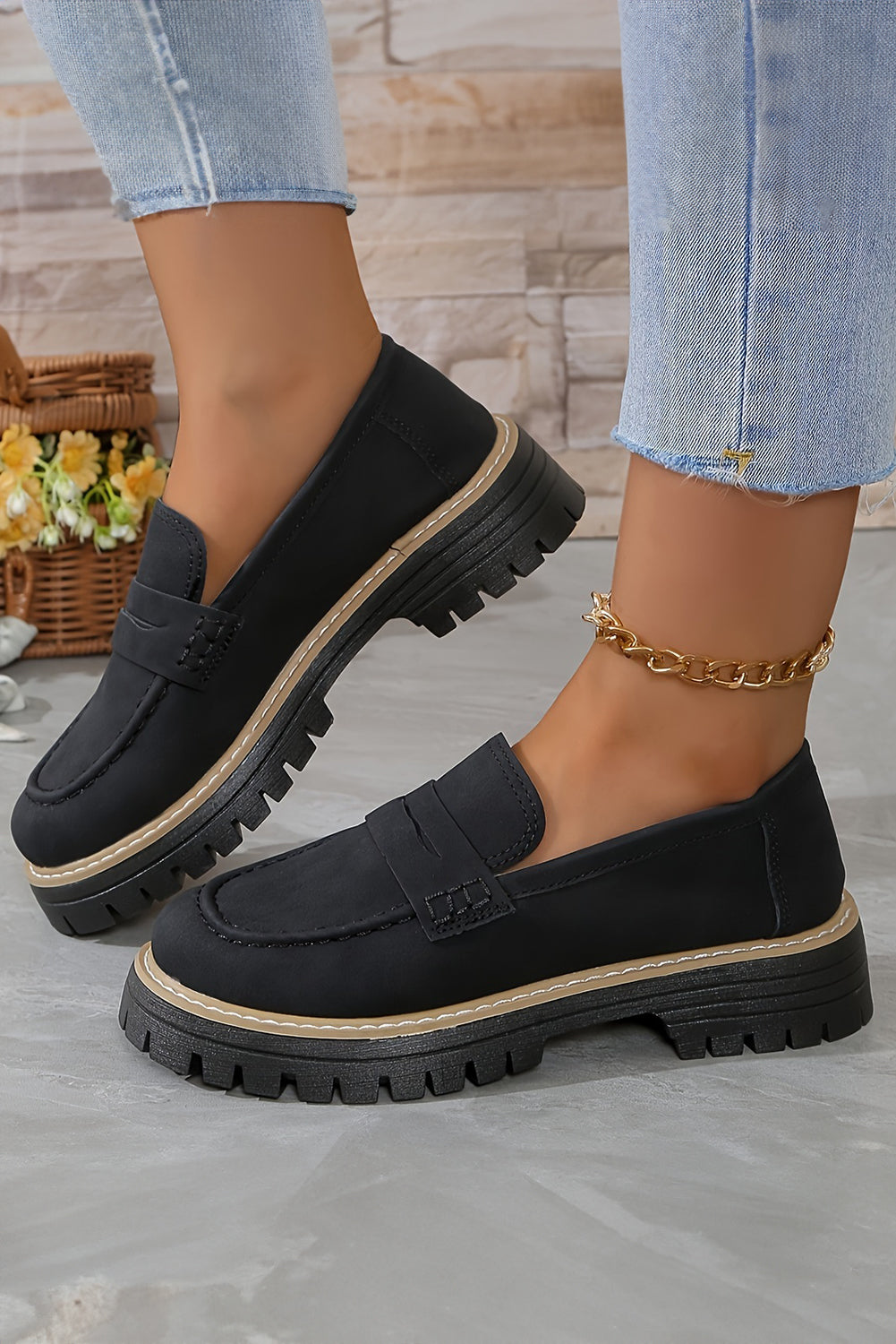 Black Contrast Color Platform Loafers