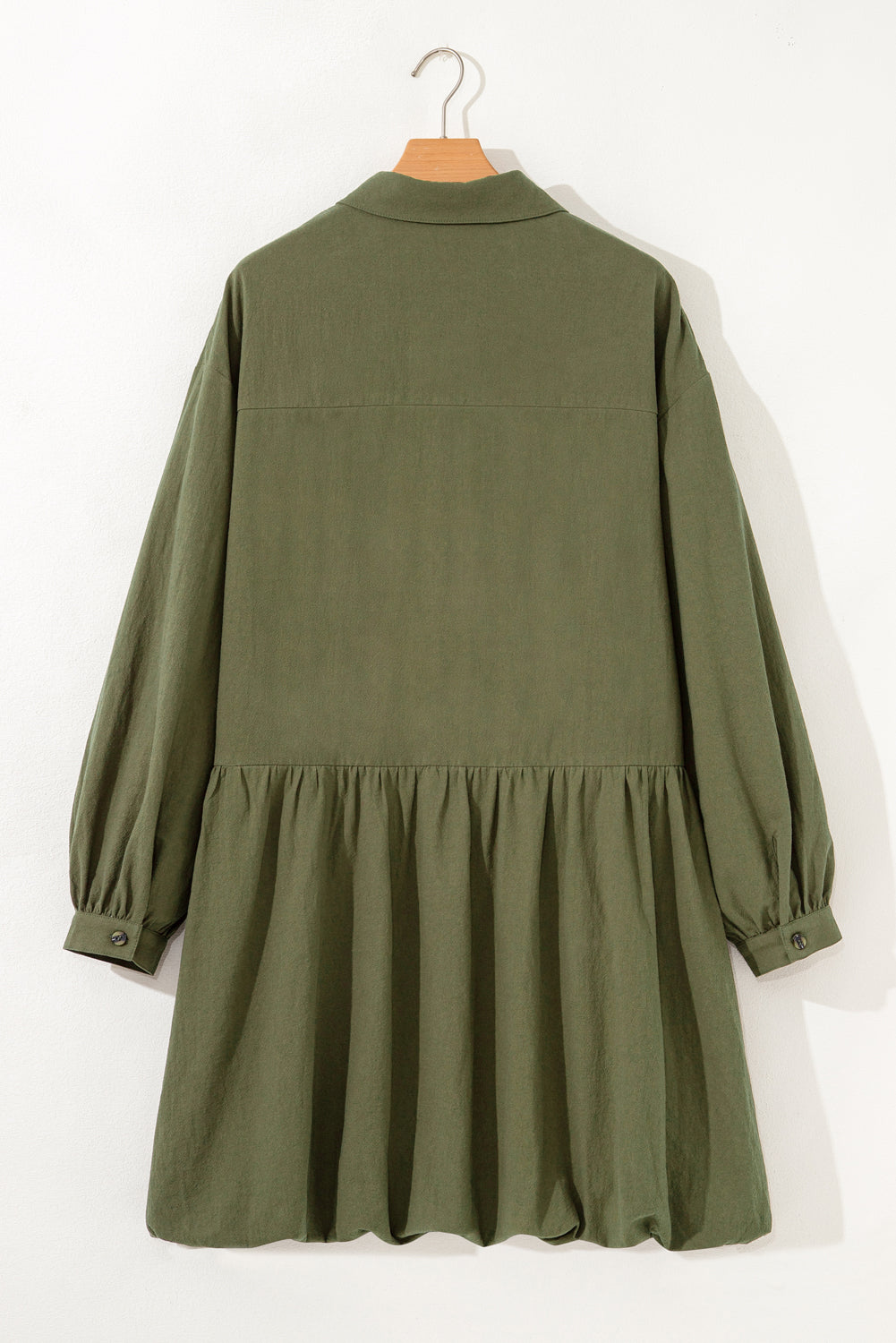 Green Plus Size Long Sleeve Ruffle Hem Mini Shirt Dress