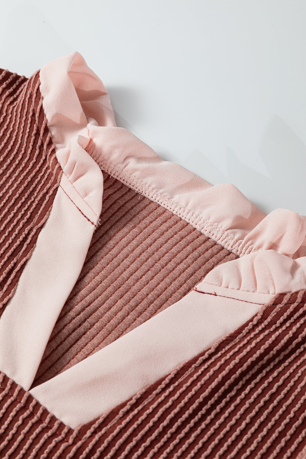 Rose Pink Plus Size Contrast Frilled Neckline Ruffled Short Sleeve Ribbed Textured Blouse