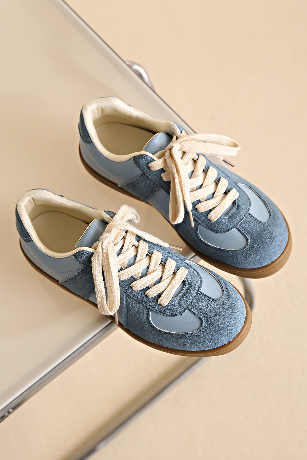 Dusk Blue Two Tone Suede Patched Lace Up Sneakers