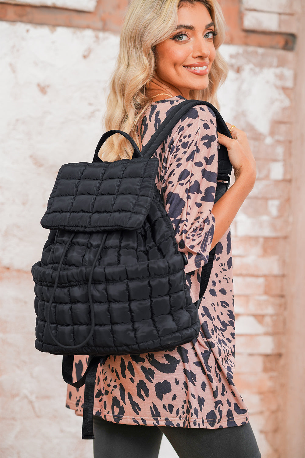 Coffee Solid Flapped Quilted Puffer Backpack