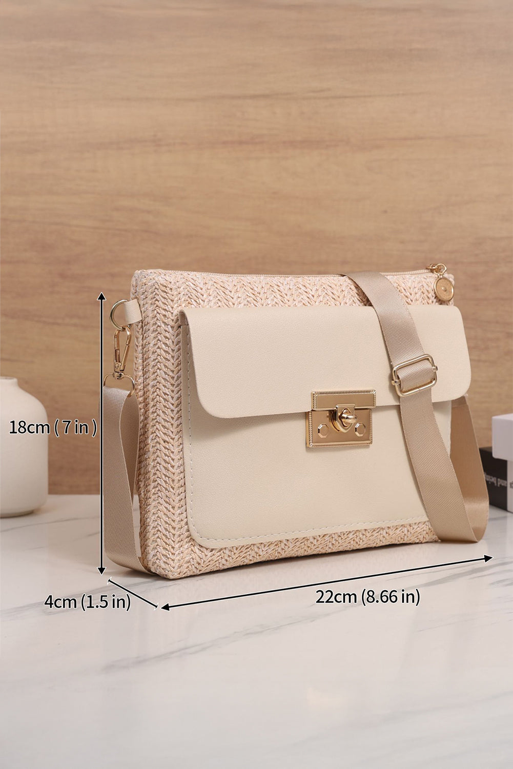 Beige Leather Pocket Patchwork Staw Woven Shoulder Bag