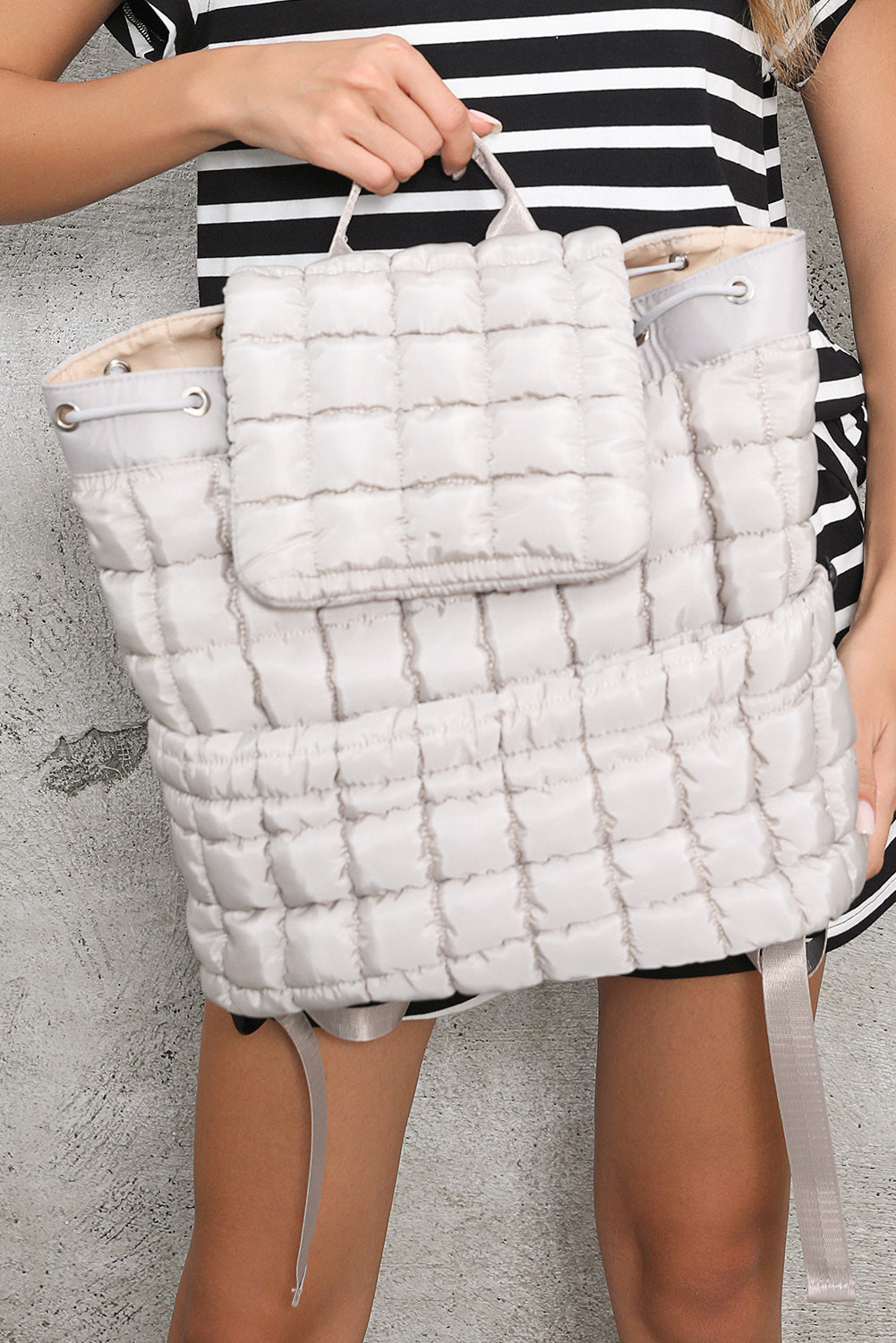 Coffee Solid Flapped Quilted Puffer Backpack