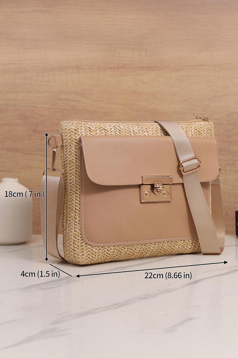 Beige Leather Pocket Patchwork Staw Woven Shoulder Bag