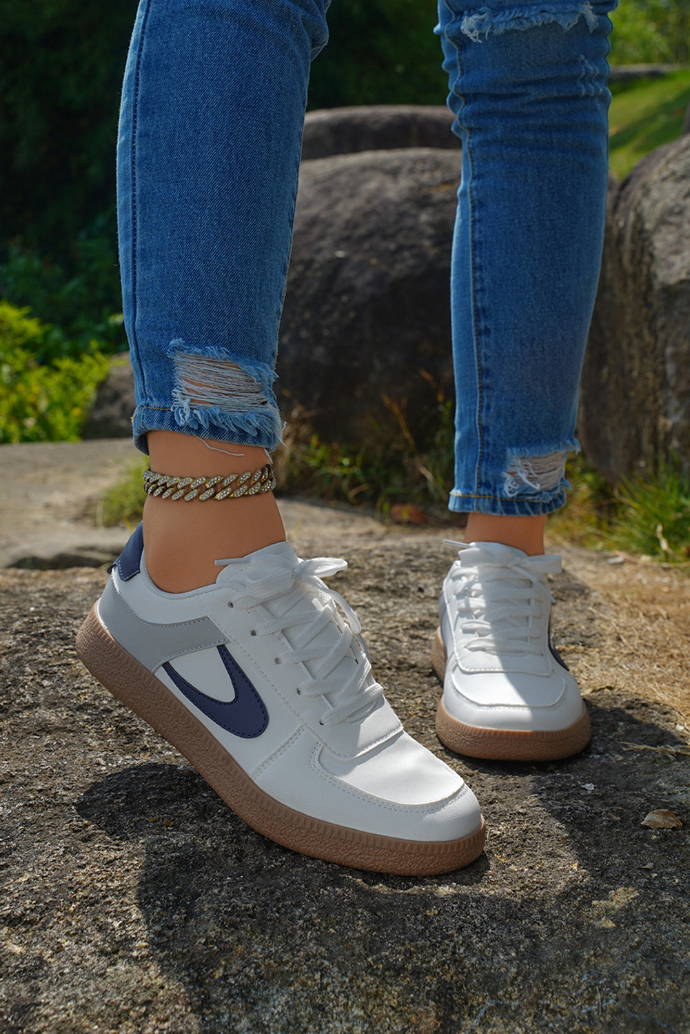 Navy Blue PU Leather Lace Up Sneakers