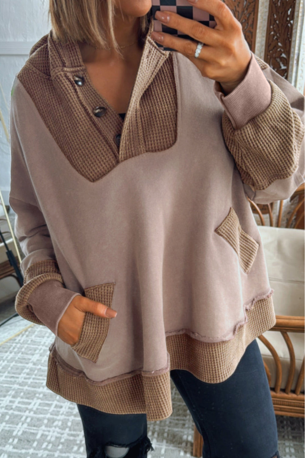 Goat Waffle Patchwork Plus Size Pocketed Hoodie