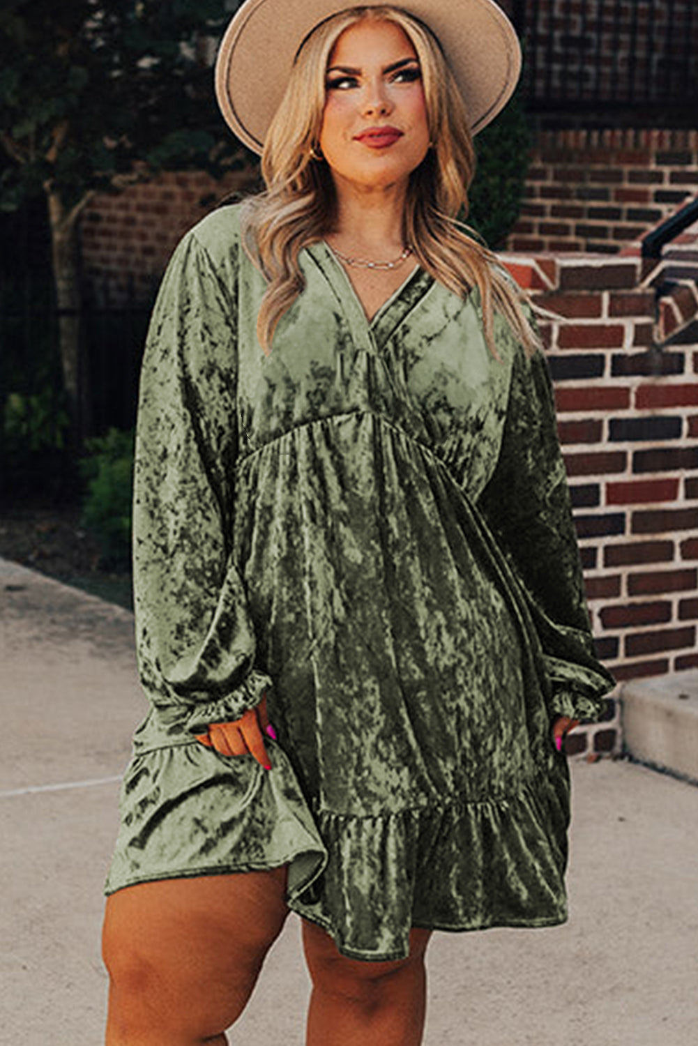Jungle Green Plus Size Velvet Babydoll Mini Dress