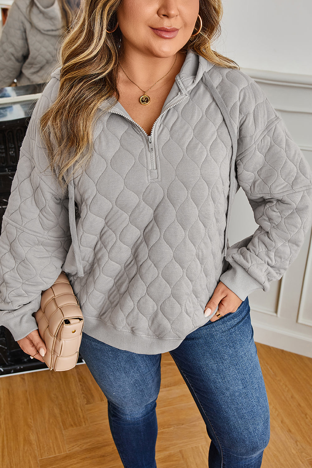 Gray Quilted Quarter Zip Plus Size Hoodie
