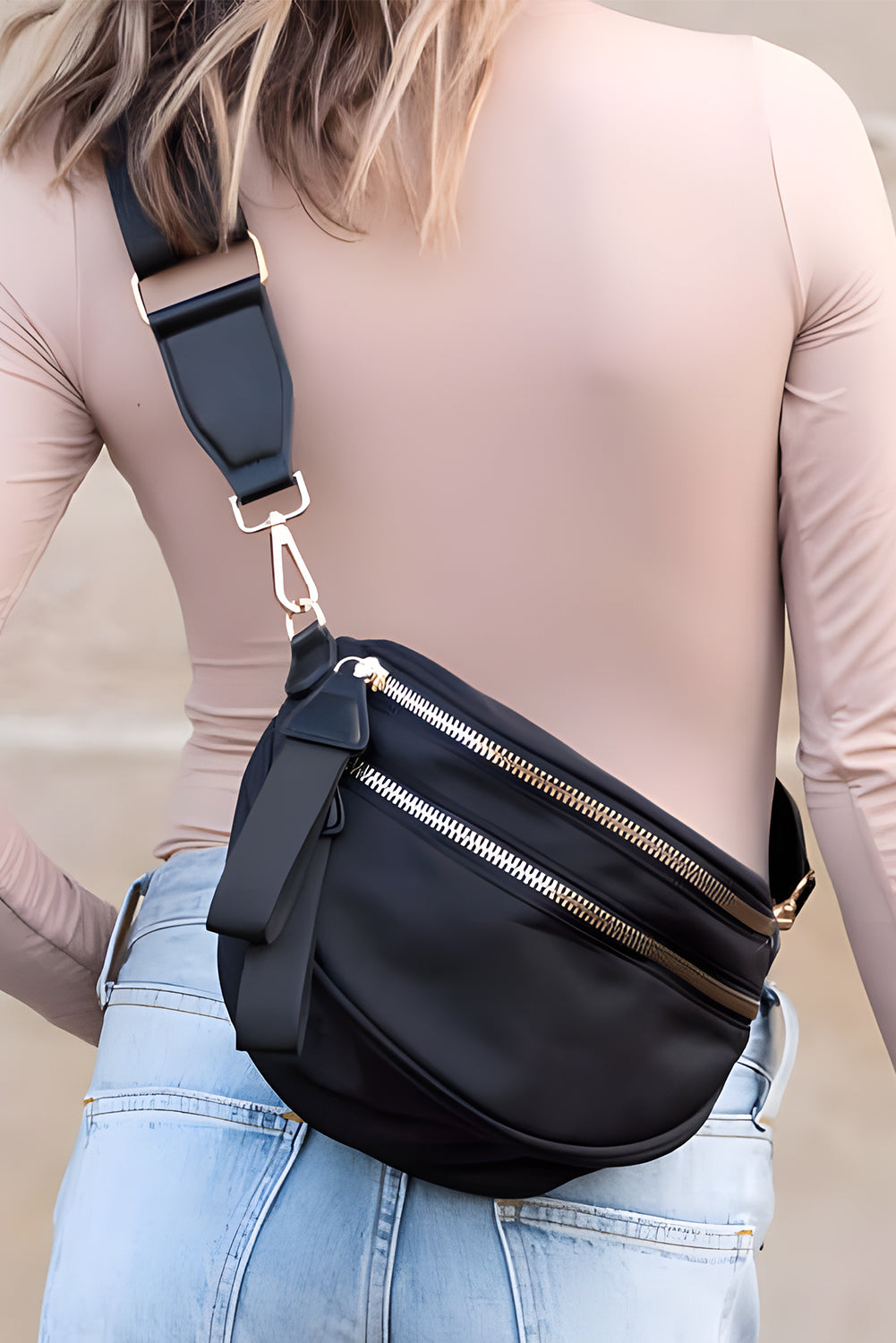 Wisteria Wide Strap Double Zipper Crossbody Bag