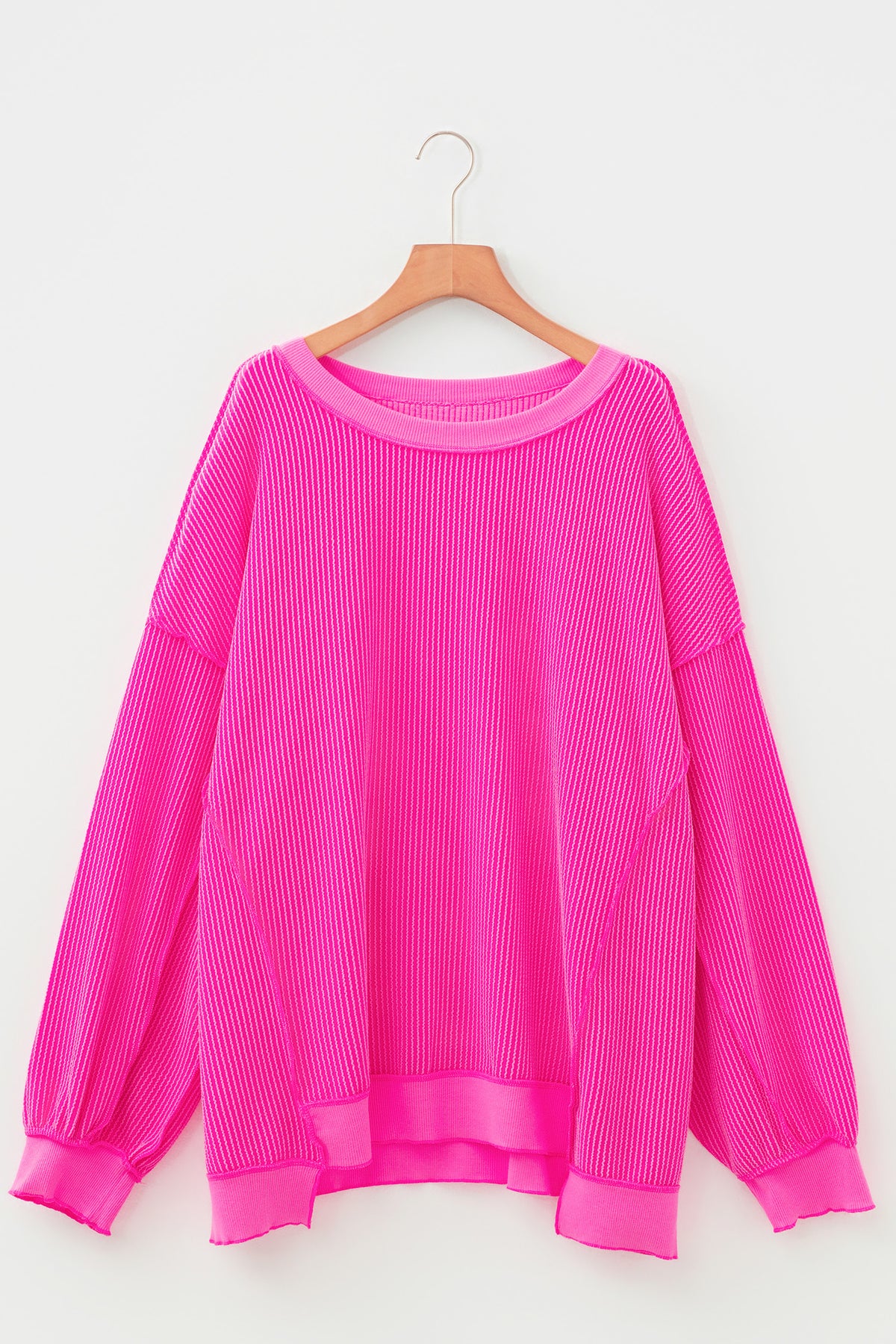 Rose Red Drop Shoulder Uneven Hem Plus Size Twisted Rib Top