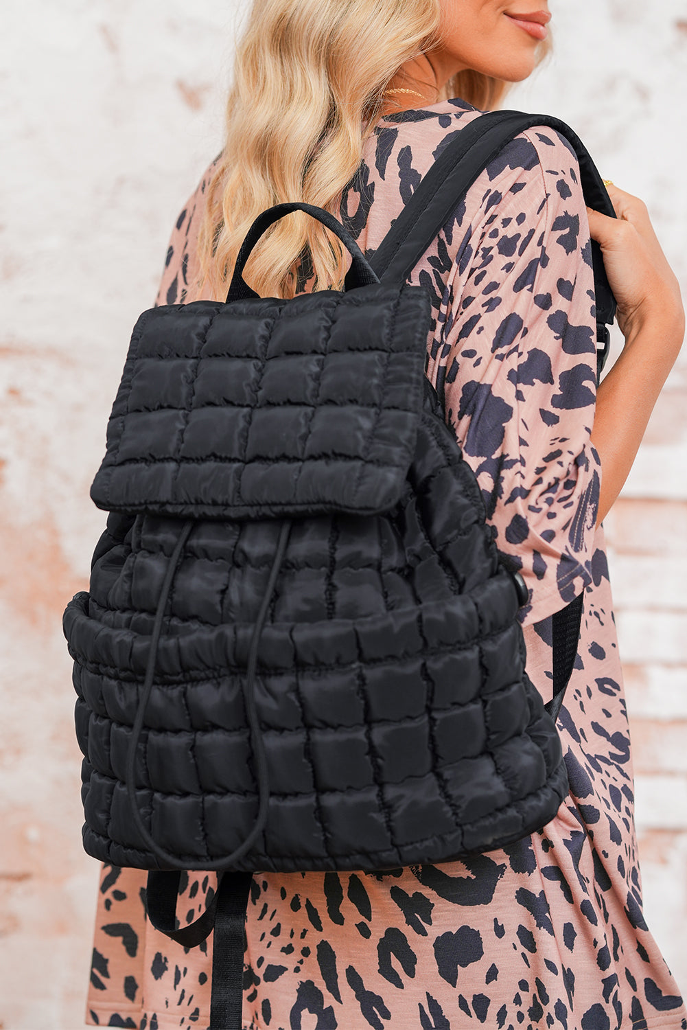 Coffee Solid Flapped Quilted Puffer Backpack
