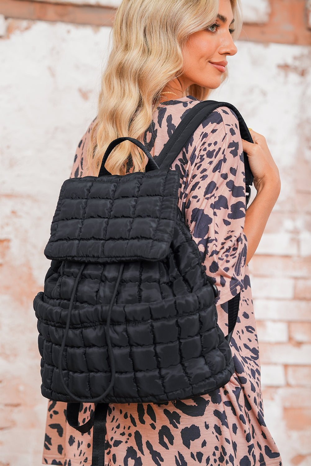 Coffee Solid Flapped Quilted Puffer Backpack