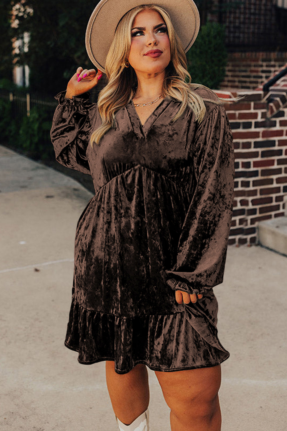Coffee Plus Size Velvet Babydoll Mini Dress