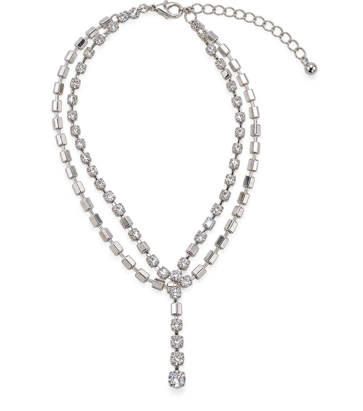 Silver Layered Rhinestone Y-Drop Necklace